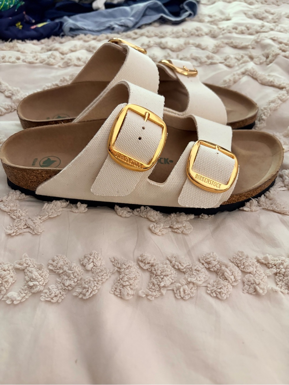 Birkenstock Women's Cream Canvas Arizona Mule with Gold Buckles